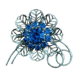 Vintage Silver Tone Blue Rhinestone Flower Brooch Pin